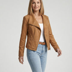 Women’s faux suede biker jacket with asymmetric zip and tailored fit by Christine Brewer, shown in black in this product image.