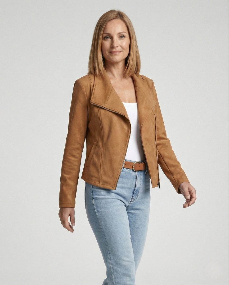 Women’s faux suede biker jacket with asymmetric zip and tailored fit by Christine Brewer, shown in black in this product image.