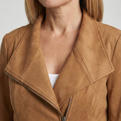 Christine Brewer Isabella women's faux suede biker jacket with asymmetric zip and tailored fit, stylish and modern outerwear.