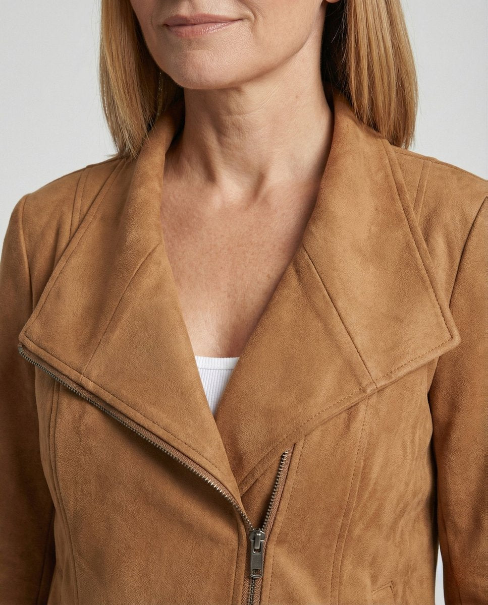 Christine Brewer Isabella women's faux suede biker jacket with asymmetric zip and tailored fit, stylish and modern outerwear.