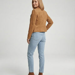 Women's Isabella faux suede biker jacket with asymmetric zip, tailored fit, from Christine Brewer, stylish and edgy outerwear.