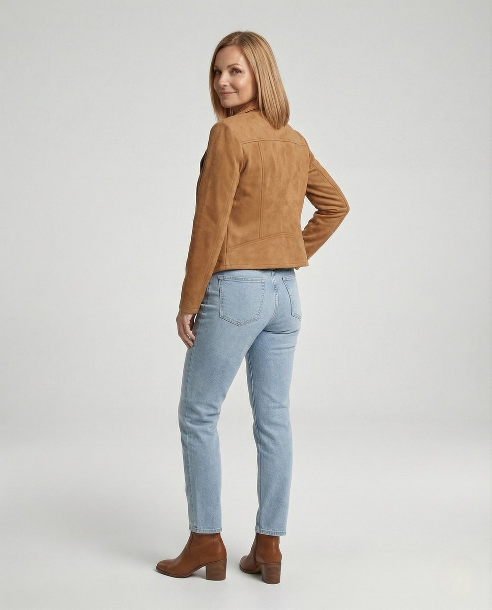 Women's Isabella faux suede biker jacket with asymmetric zip, tailored fit, from Christine Brewer, stylish and edgy outerwear.