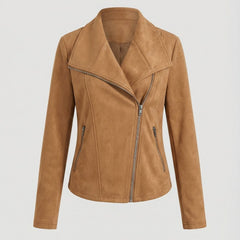 Women's faux suede biker jacket with asymmetric zip and tailored fit by Christine Brewer, featuring a stylish and modern design.