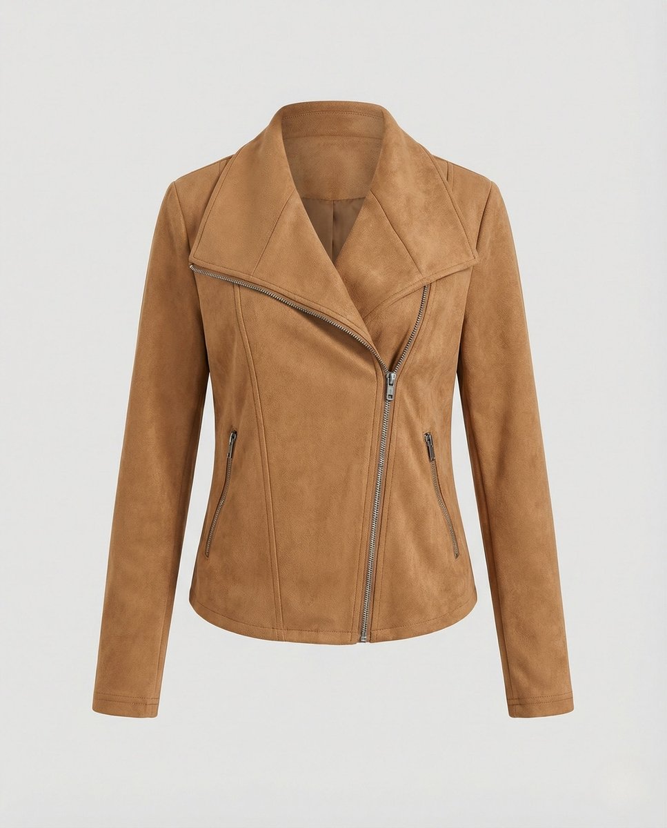 Women's faux suede biker jacket with asymmetric zip and tailored fit by Christine Brewer, featuring a stylish and modern design.