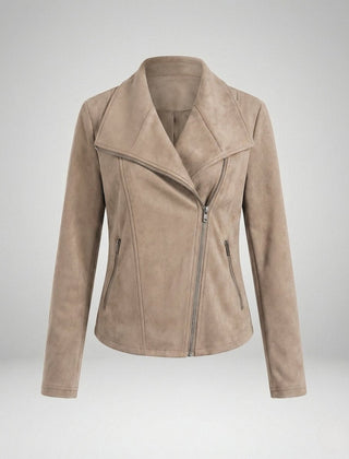 Christine Brewer Isabella women's faux suede biker jacket with asymmetric zip and tailored fit, showcasing stylish details.