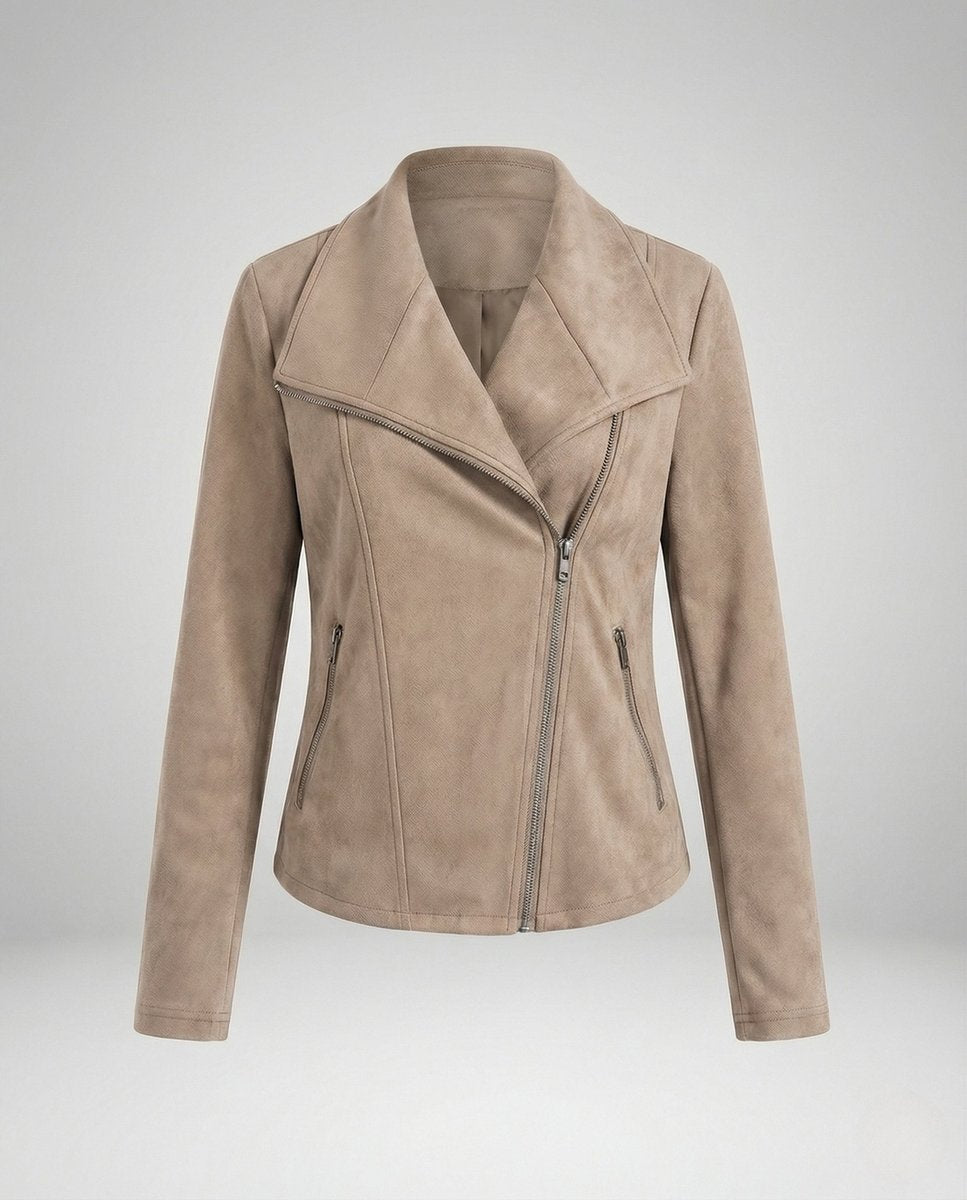 Christine Brewer Isabella women's faux suede biker jacket with asymmetric zip and tailored fit, showcasing stylish details.