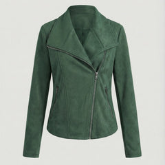Isabella women's faux suede biker jacket with asymmetric zip and tailored fit, stylish and modern leather jacket by Christine Brewer.