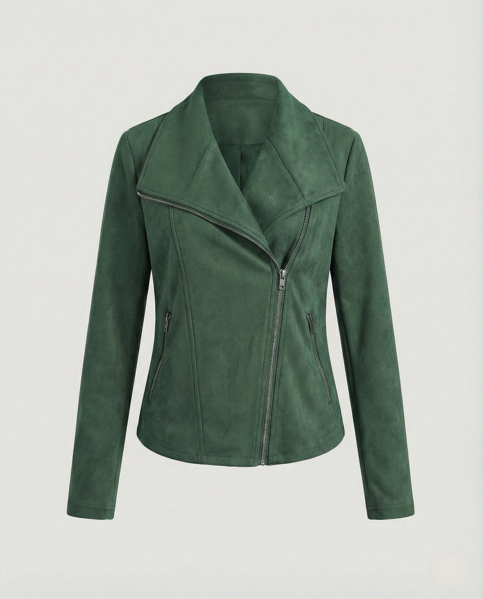 Isabella women's faux suede biker jacket with asymmetric zip and tailored fit, stylish and modern leather jacket by Christine Brewer.