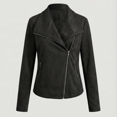 Isabella women's faux suede biker leather jacket with asymmetric zip and tailored fit by Christine Brewer, shown in black.