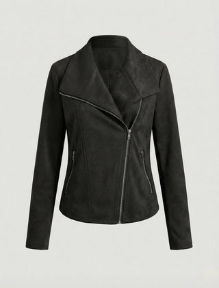 Isabella women's faux suede biker leather jacket with asymmetric zip and tailored fit by Christine Brewer, shown in black.