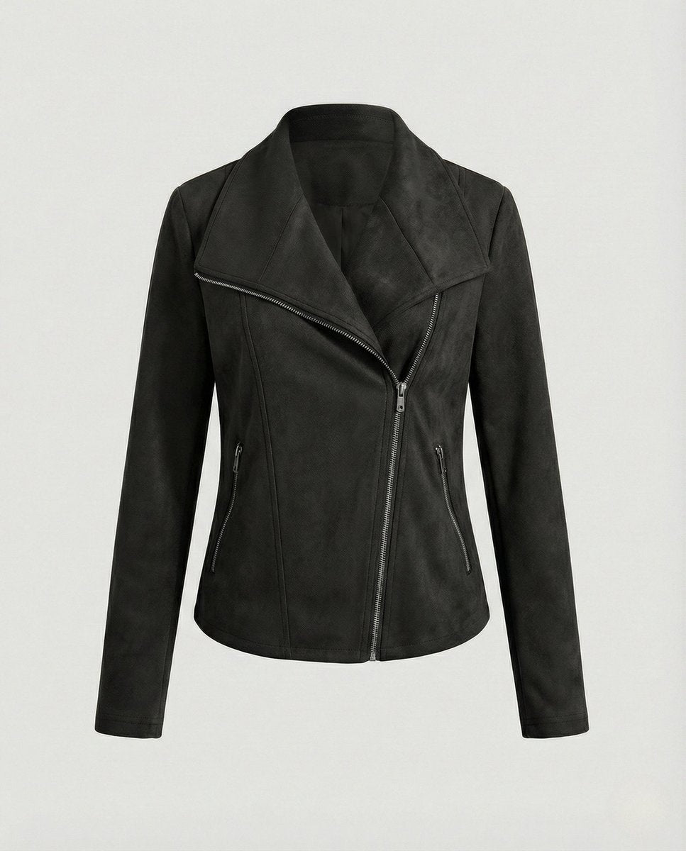 Isabella women's faux suede biker leather jacket with asymmetric zip and tailored fit by Christine Brewer, shown in black.