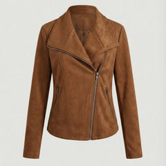 Women’s faux suede biker jacket by Christine Brewer with asymmetric zipper and tailored fit in a stylish leather look.