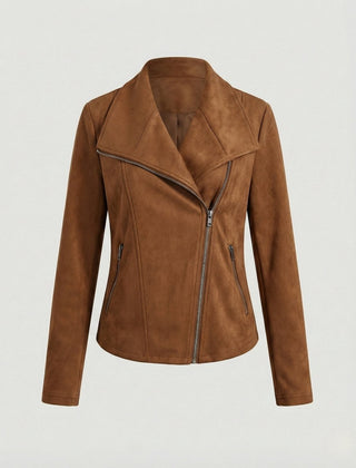 Women’s faux suede biker jacket by Christine Brewer with asymmetric zipper and tailored fit in a stylish leather look.