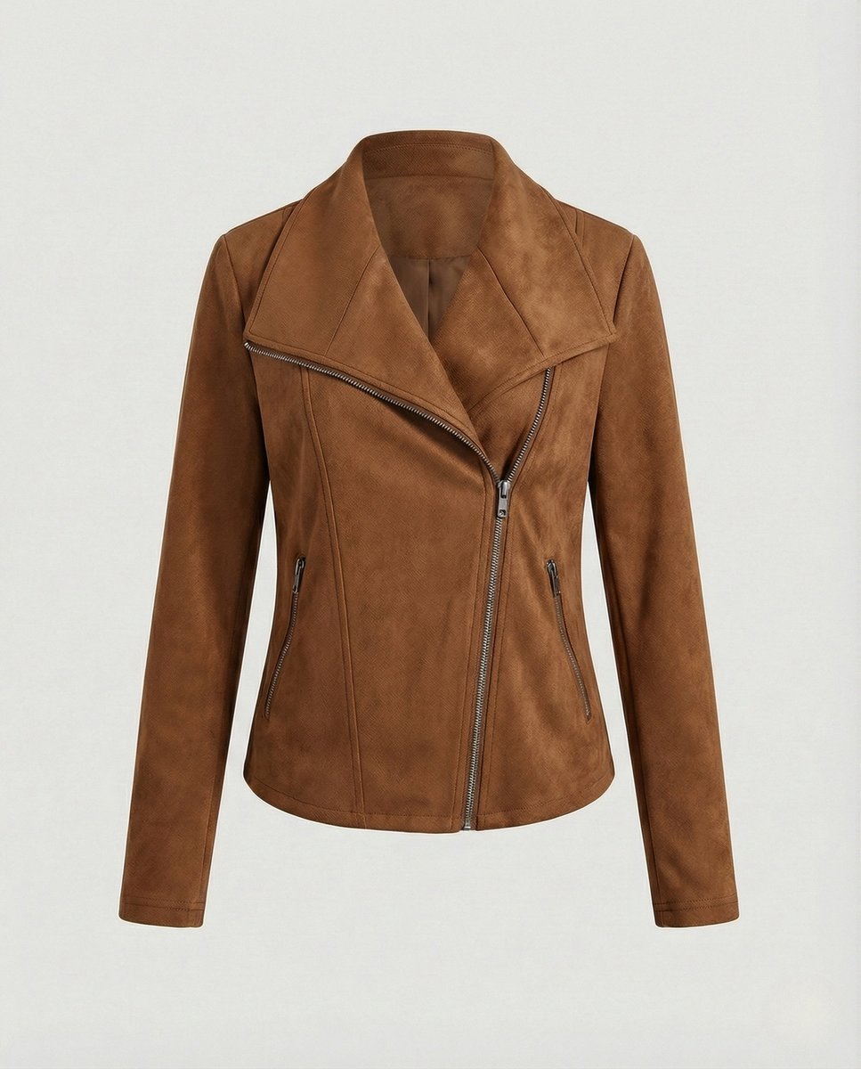Women’s faux suede biker jacket by Christine Brewer with asymmetric zipper and tailored fit in a stylish leather look.