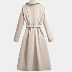Women's Evelyn belted classic midi trench coat by Christine Brewer, shown with front view and belted waist.