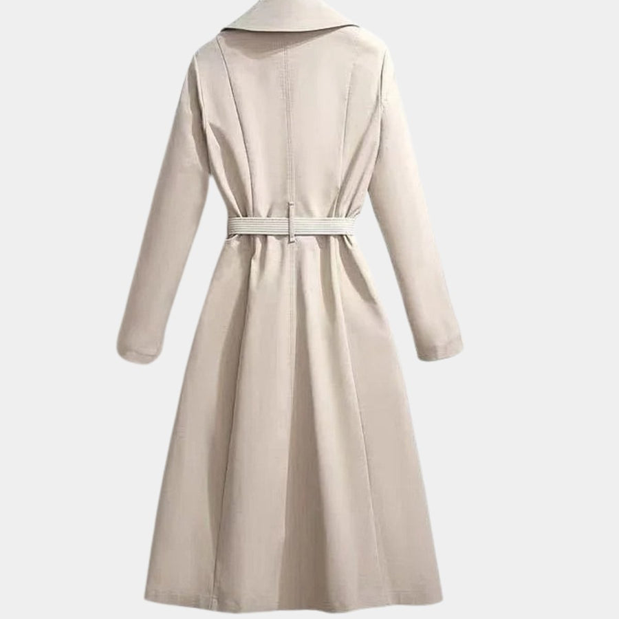 Women's Evelyn belted classic midi trench coat by Christine Brewer, shown with front view and belted waist.