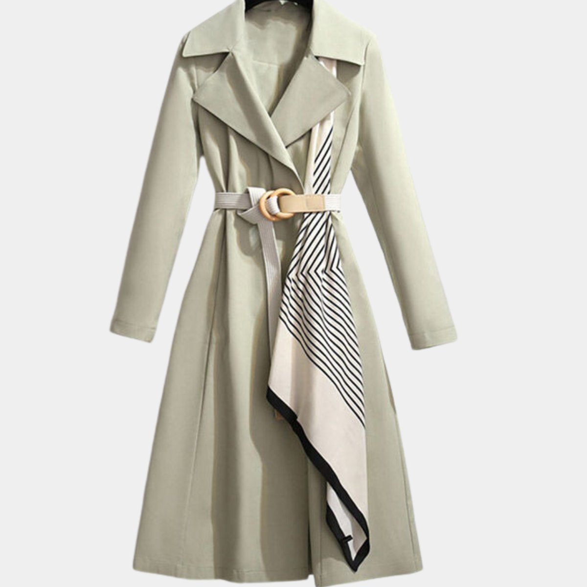Women's belted classic midi trench coat by Christine Brewer, featuring a tailored design and belt at the waist.