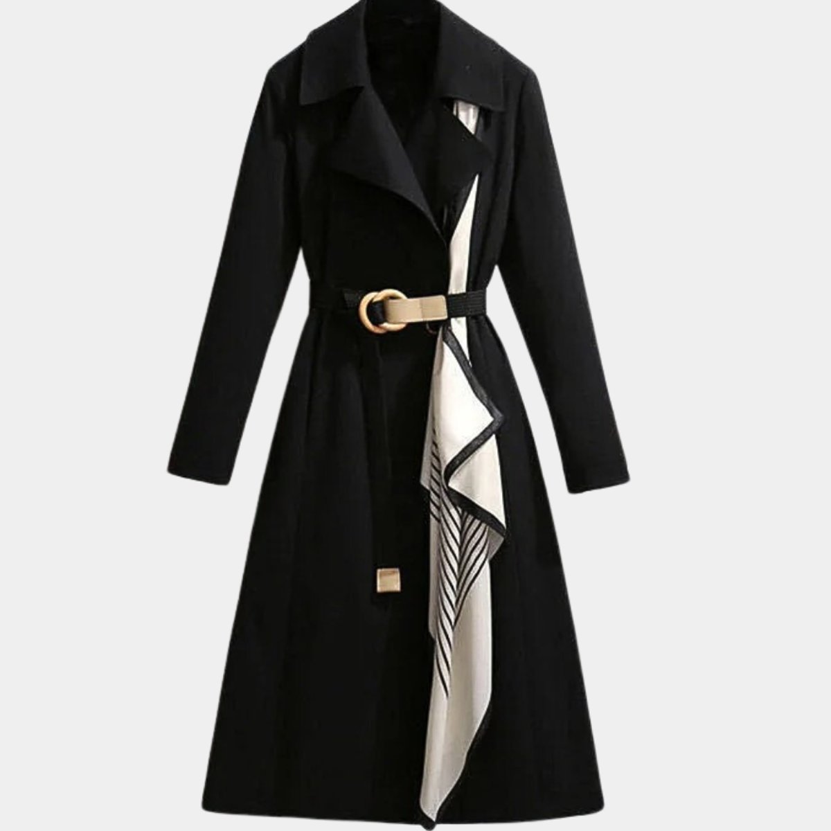Women's Evelyn Christine Brewer belted classic midi trench coat hanging on a wooden hanger, showcasing its stylish design and belt detail.