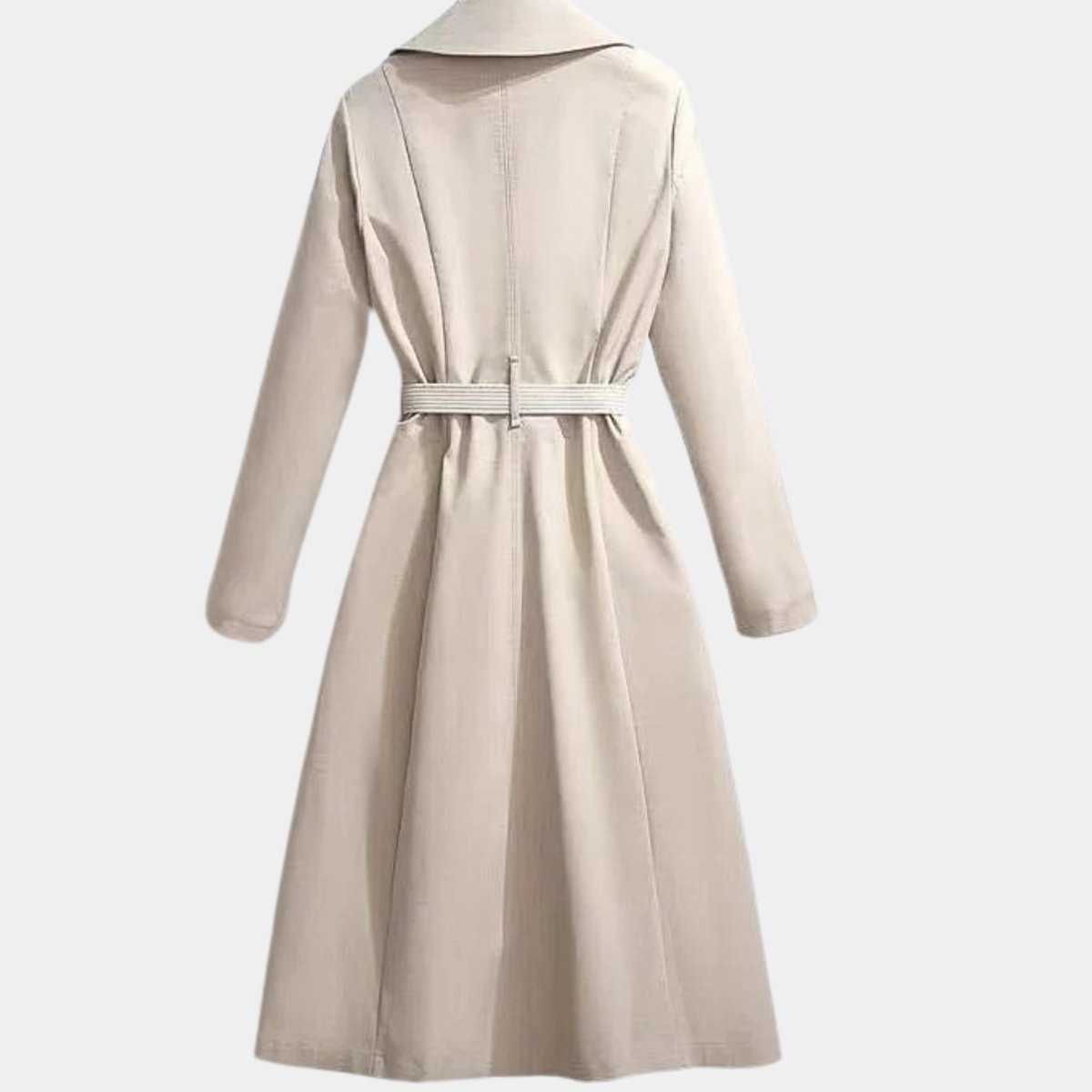 Emily women's belted midi trench coat by Christine Brewer featuring a relaxed fit, long sleeves, and a stylish belted design.
