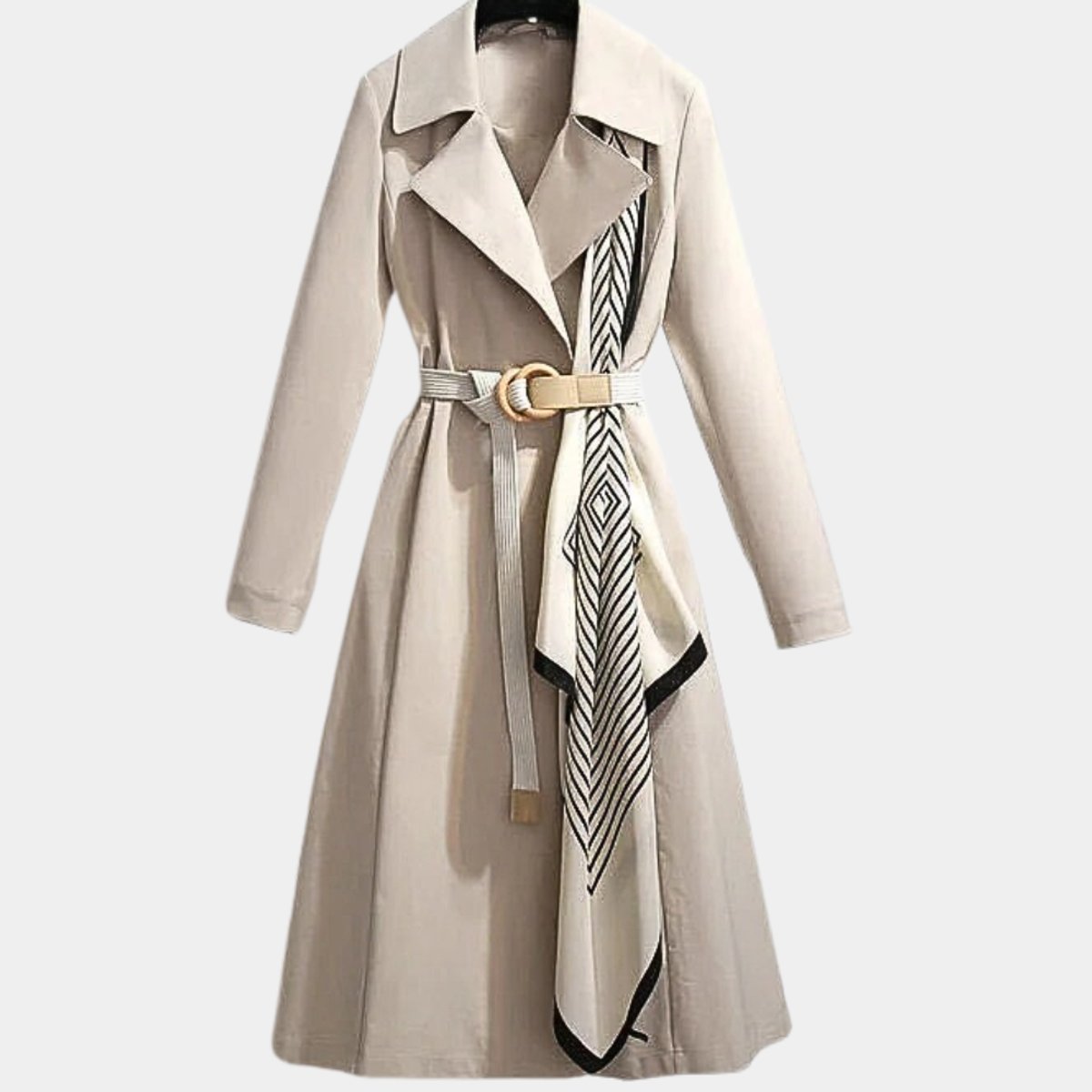 Women’s belted midi trench coat with long sleeves in relaxed fit, by Christine Brewer, shown in a stylish, full-length view.