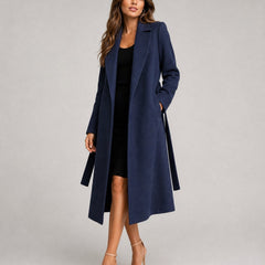 Women's belted wool-blend long lapel trench coat by Christine Brewer, featuring a tailored silhouette and classic design.