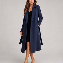Women's belted wool-blend long-line trench coat with lapel collar, stylish overcoat by Christine Brewer.