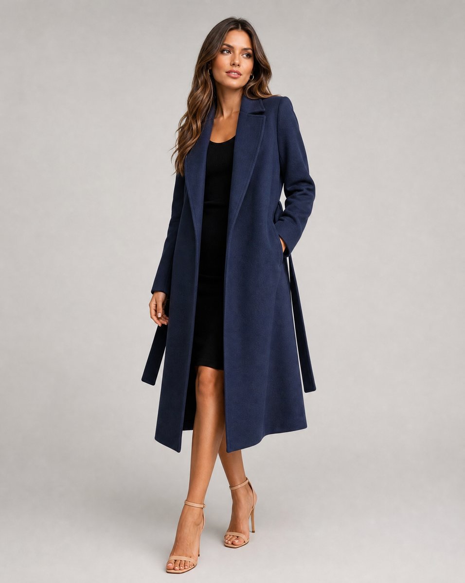 Women's belted wool-blend long-line trench coat with lapel collar, stylish overcoat by Christine Brewer.