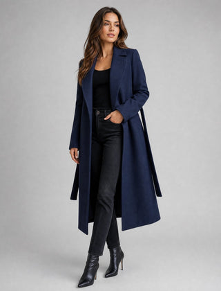 Women’s belted wool-blend long-line trench coat with lapel collar, Christine Brewer overcoat, stylish and warm outerwear.