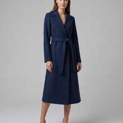 Women's belted wool-blend long-line trench coat with lapel collar, stylish overcoat by Christine Brewer.