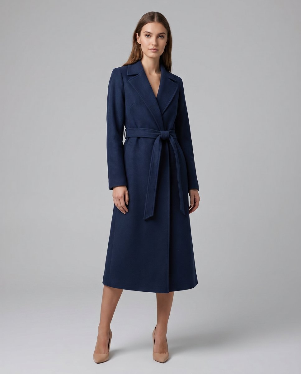 Women's belted wool-blend long-line trench coat with lapel collar, stylish overcoat by Christine Brewer.