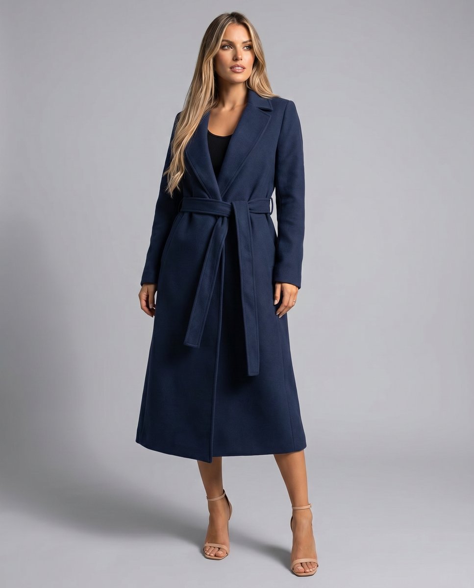 Women's belted wool-blend long-line trench coat with lapel collar, stylish overcoat by Christine Brewer.