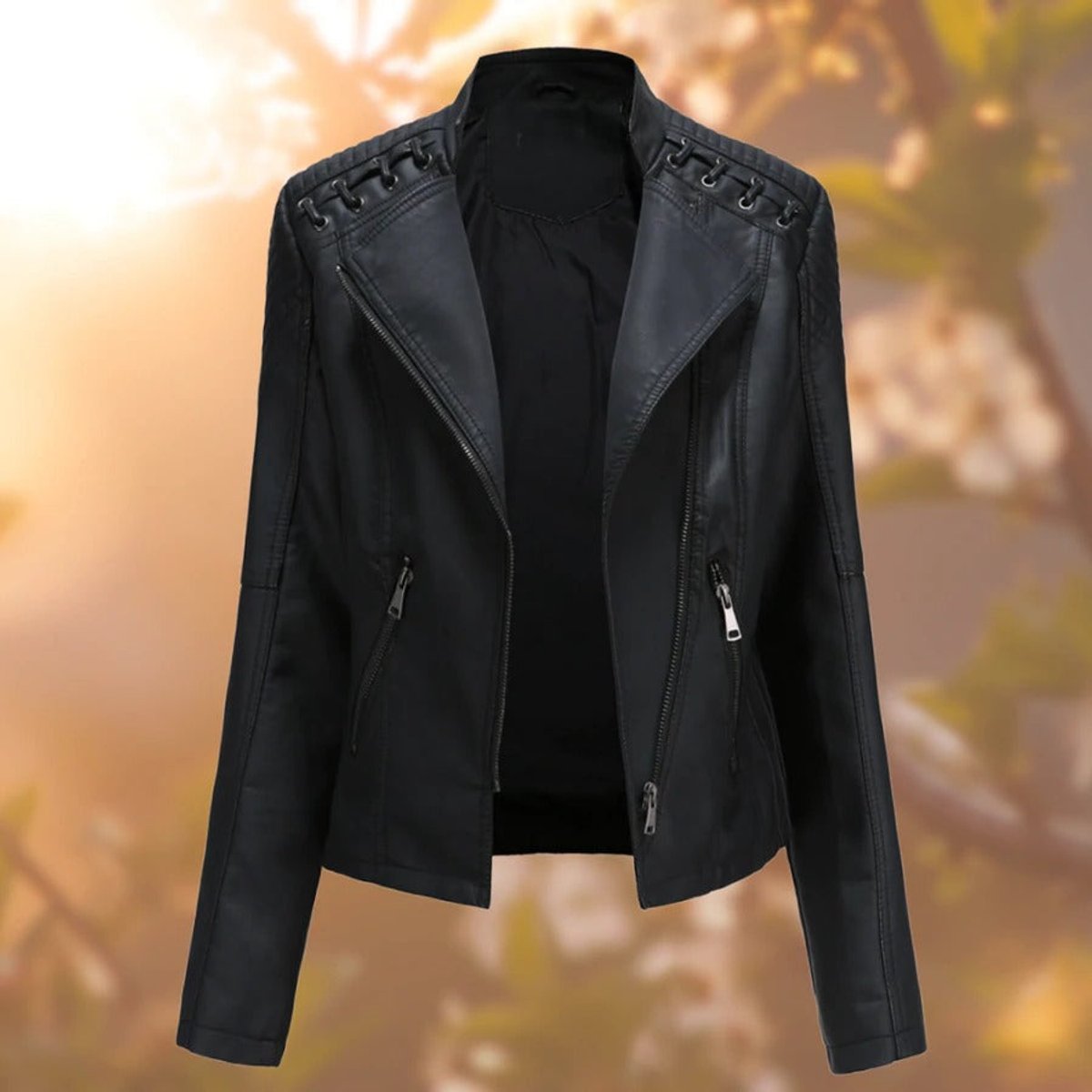Women’s Biker-Style Faux Leather Jacket by Christine Brewer featuring a zip-up front and classic biker design.