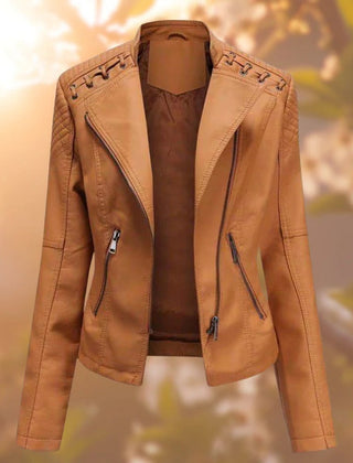 Women's black faux leather biker-style zip-up jacket by Christine Brewer, featuring a sleek design and silver hardware.
