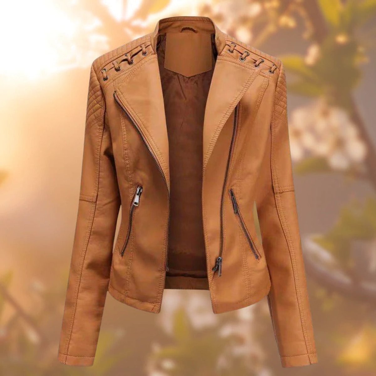 Women's black faux leather biker-style zip-up jacket by Christine Brewer, featuring a sleek design and silver hardware.