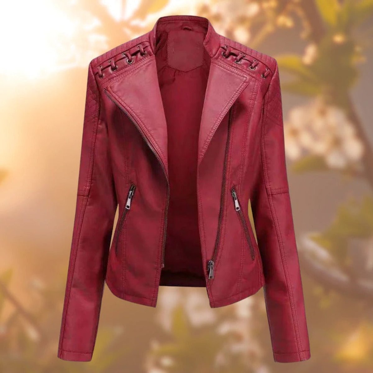 Women's biker-style zip-up faux leather jacket by Christine Brewer, showcasing a sleek black design and front zipper detail.
