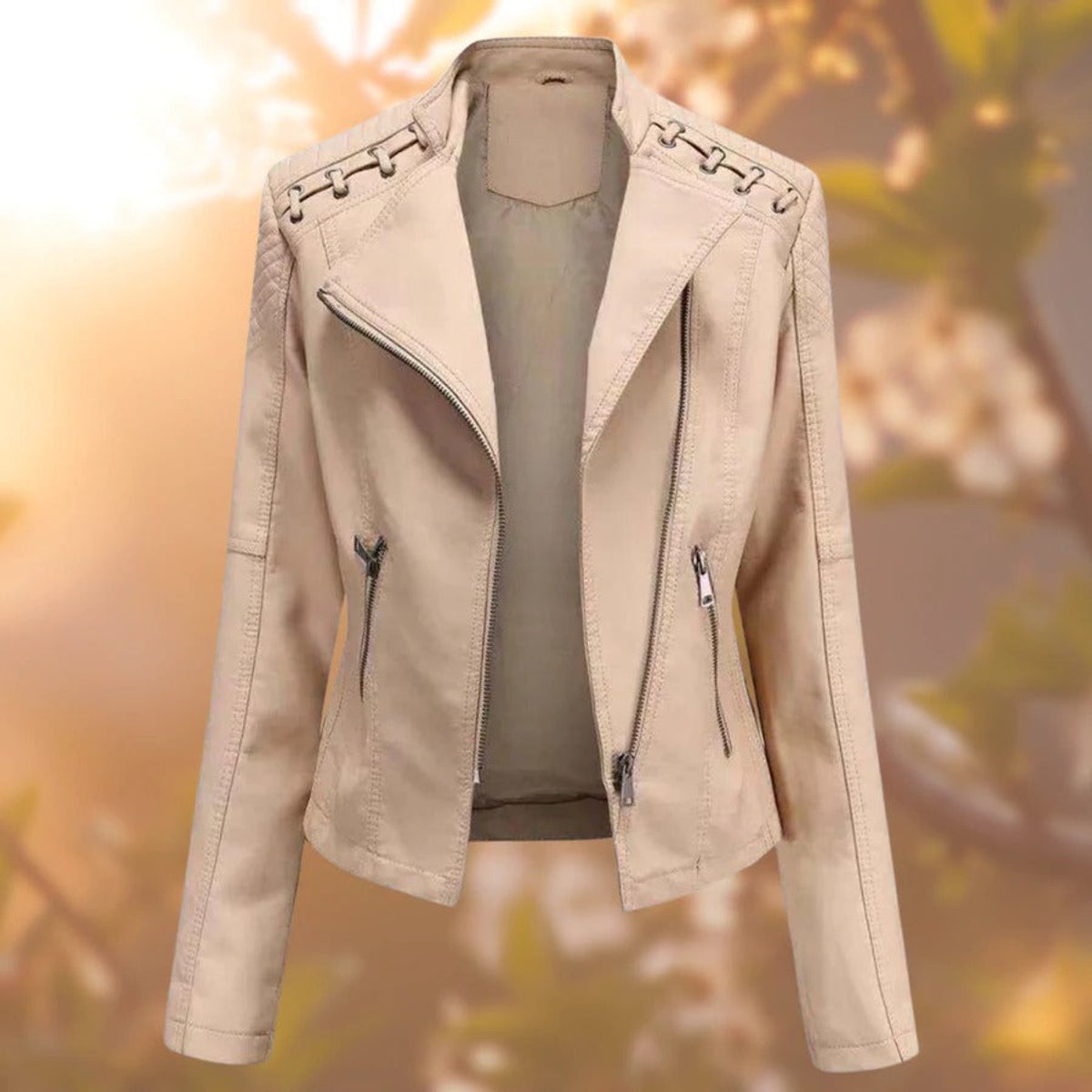 Evelyn women's biker-style zip-up faux leather jacket by Christine Brewer, featuring a sleek design and front zipper detail.