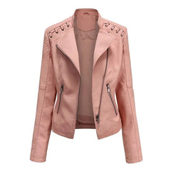 Women's faux leather biker-style zip-up jacket by Christine Brewer, featuring a fitted design and front zipper detail.