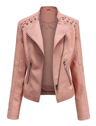Women's faux leather biker-style zip-up jacket by Christine Brewer, featuring a fitted design and front zipper detail.