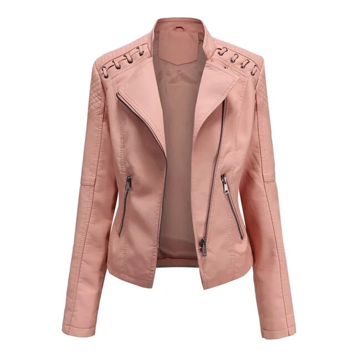 Women's faux leather biker-style zip-up jacket by Christine Brewer, featuring a fitted design and front zipper detail.