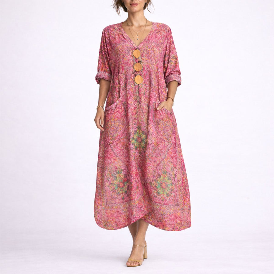 Eliza | Wedding Guest Dress Maxi Dress Women Paisley Boho V-Neck A-Line Pockets Fall Winter