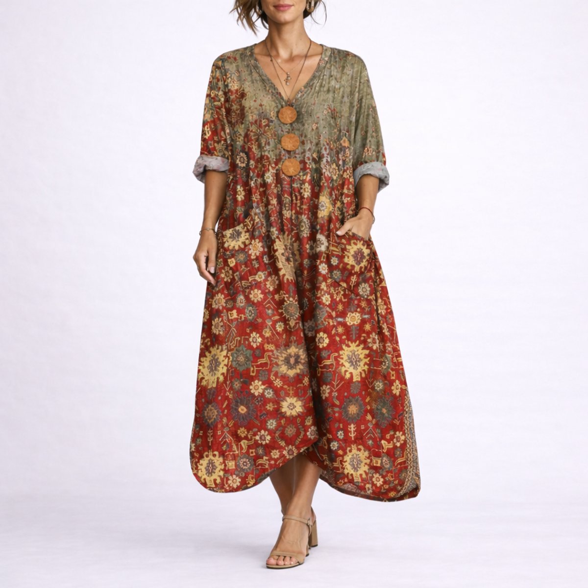 Eliza | Wedding Guest Dress Maxi Dress Women Paisley Boho V-Neck A-Line Pockets Fall Winter