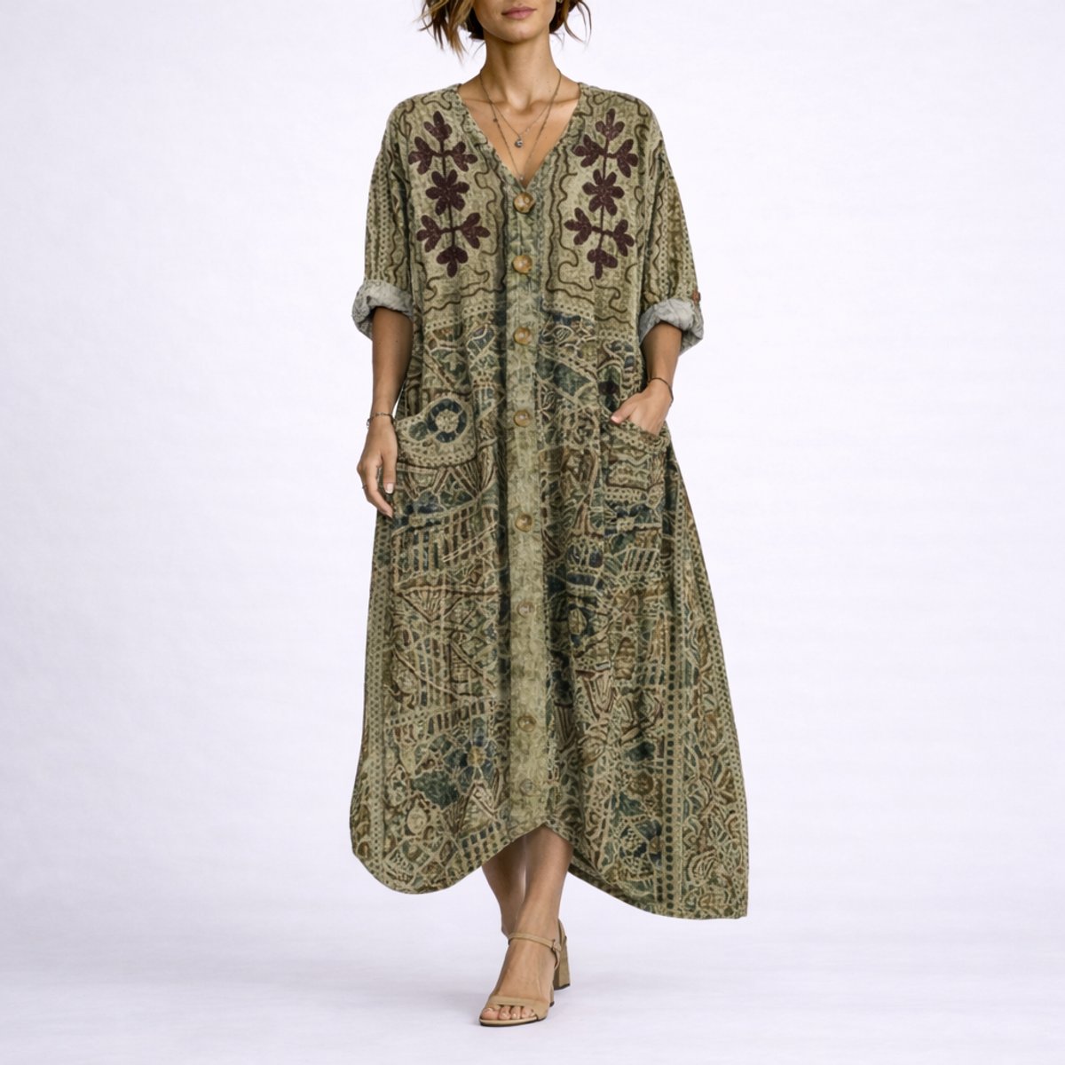 Eliza | Wedding Guest Dress Maxi Dress Women Paisley Boho V-Neck A-Line Pockets Fall Winter