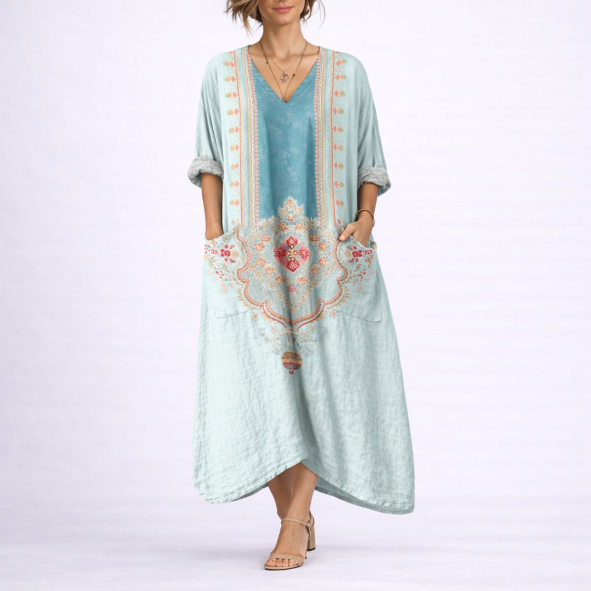Eliza | Wedding Guest Dress Maxi Dress Women Paisley Boho V-Neck A-Line Pockets Fall Winter