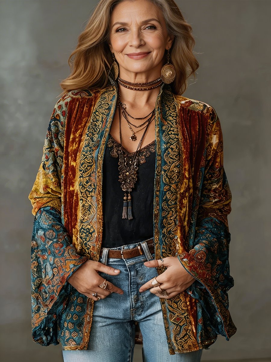 Women’s boho quilted jacket by Christine Brewer, loose-fit vintage kimono-style cardigan with bohemian design and quilted texture.