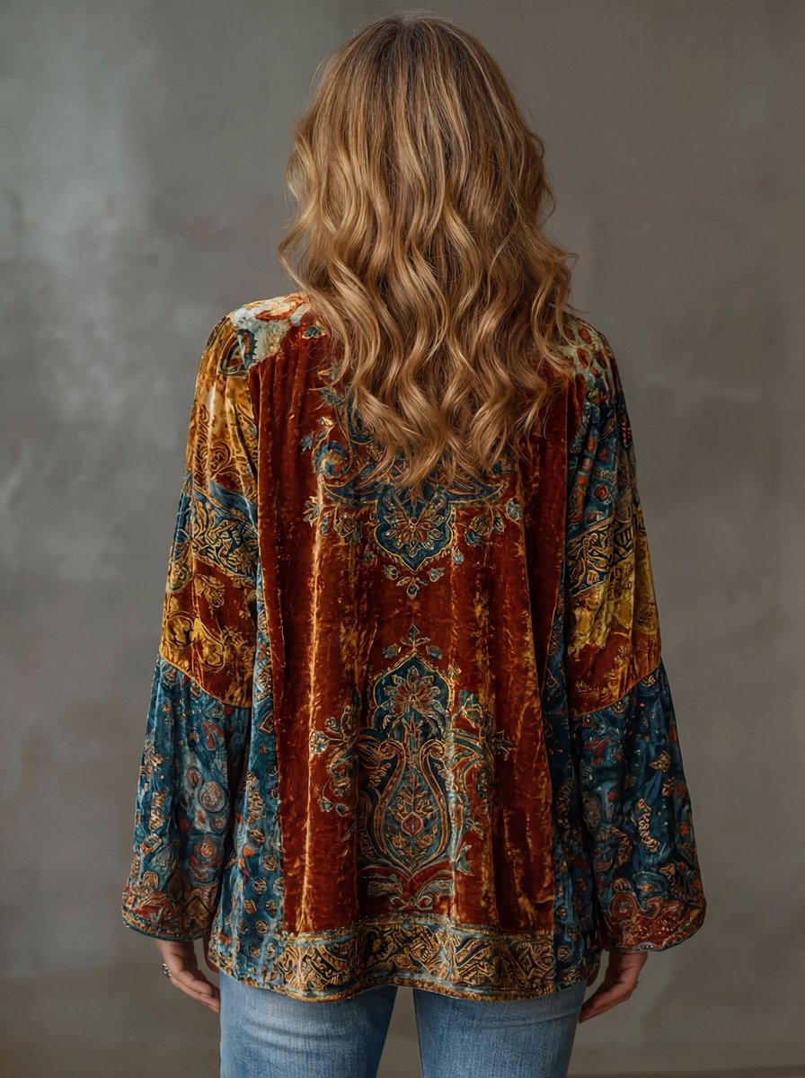 Sophia women's boho quilted jacket by Christine Brewer, loose-fit vintage kimono-style cardigan with floral patterns, casual and stylish.