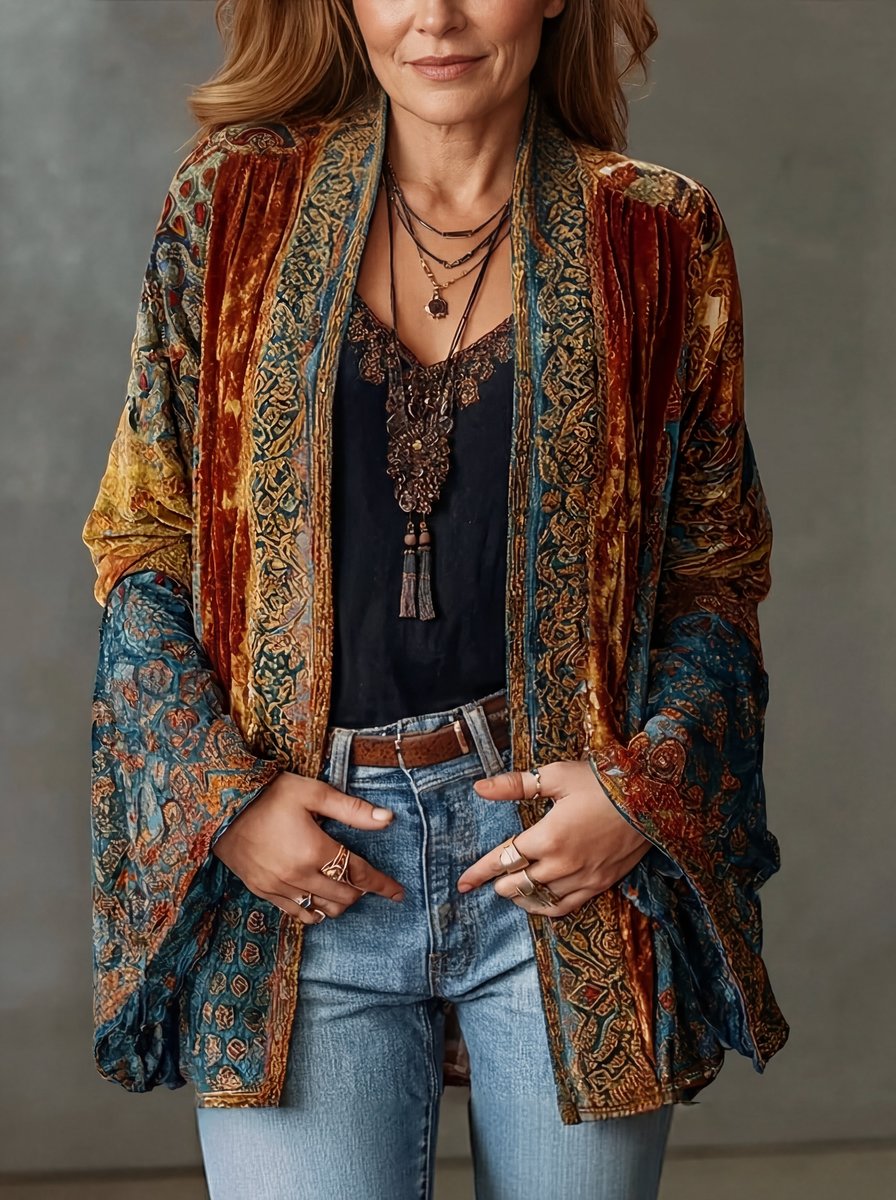 Women's boho quilted jacket by Christine Brewer featuring loose fit, vintage kimono style, perfect for casual and layered looks.