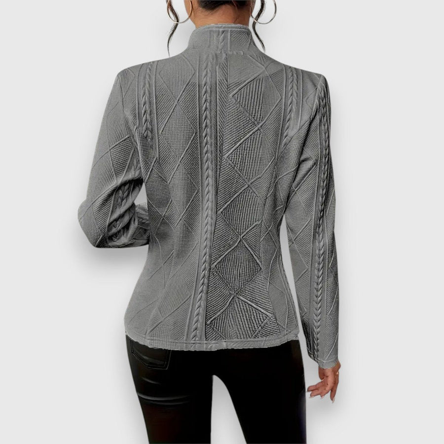 Women’s cable-knit mock-neck long-sleeve fitted jumper by Christine Brewer, showcasing a classic textured knit design.