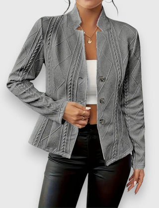 Women's cable-knit mock-neck long-sleeve fitted jumper by Christine Brewer, featuring a cozy, textured knit design.