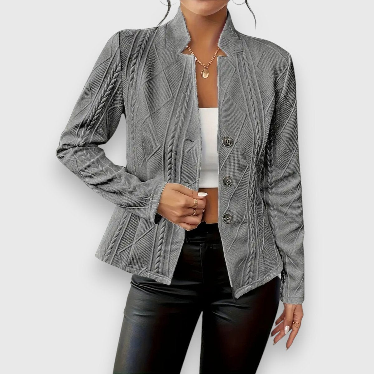 Women's cable-knit mock-neck long-sleeve fitted jumper by Christine Brewer, featuring a cozy, textured knit design.