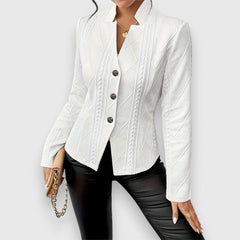 Women’s cable-knit mock-neck long-sleeve fitted jumper by Christine Brewer, showcasing a cozy knit design and sleek fit.